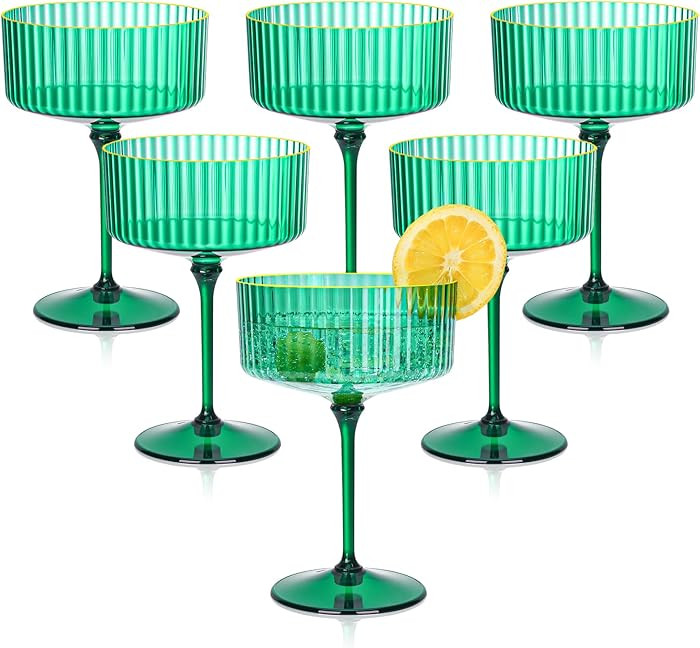 12 PCS Plastic Martini Glasses 10 oz Detachable Gold Rim Green Ribbed Coupe Glasses Vintage Chris... | Amazon (US)