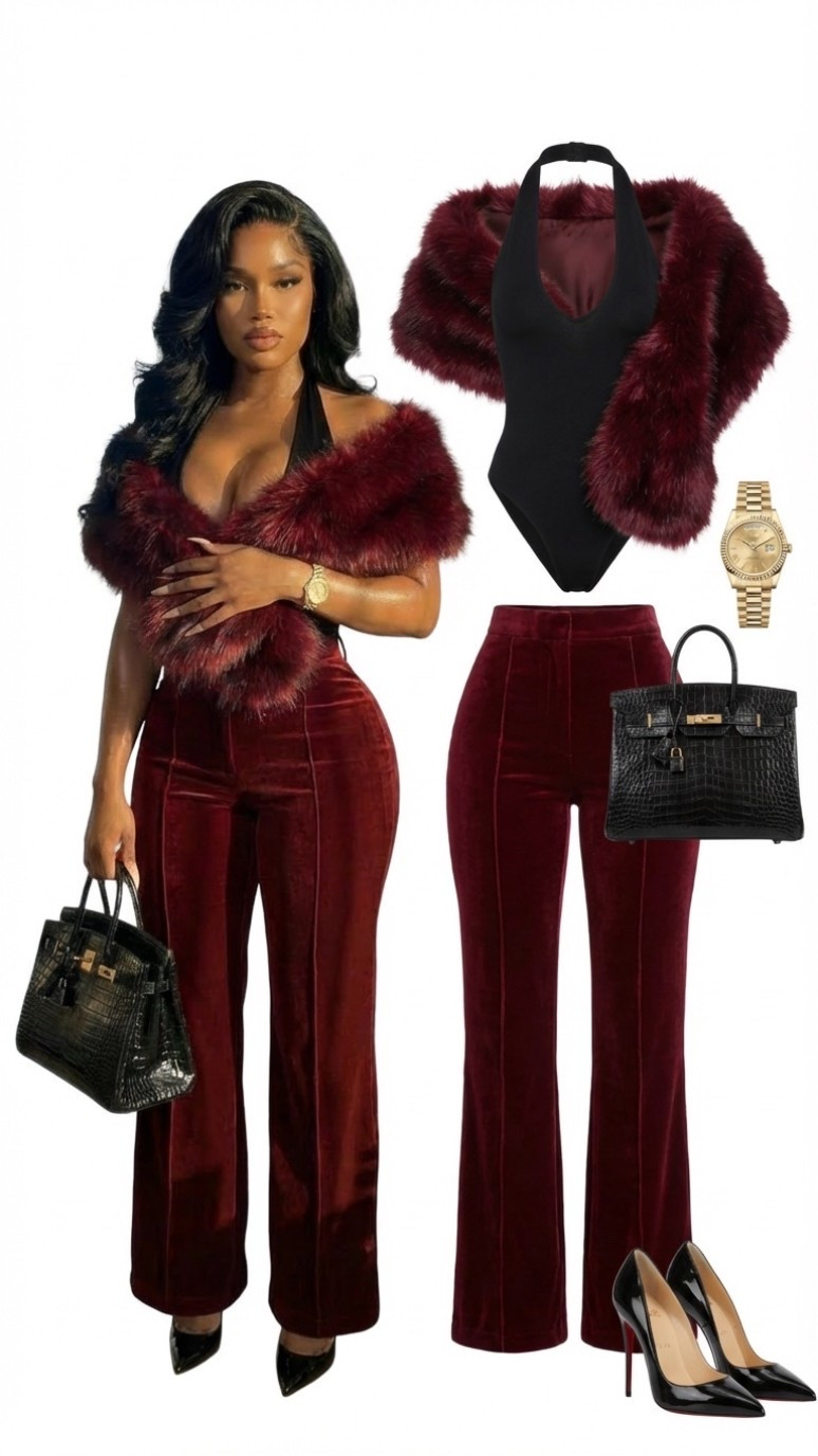 Holiday fits ✨ burgundy velvet pants + maroon faux fur shrug 😍
Fits true to size, super soft + perfect for festive nights 🌙
#LTKHoliday #LTKStyle #MaroonVelvet #HolidayOutfit #PartyLook

#LTKHoliday #LTKootd #LTKgrwm