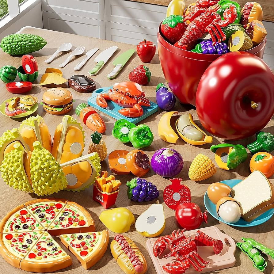 Play Food Set for Kids, Toddler Learning Toys, Cutting Food Toy Color Sorting Set, Pretend Food P... | Amazon (US)