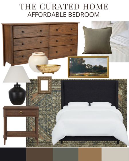 Affordable bedroom design mood board, black bed, walnut dresser, vintage look rug, target nightstand, black bedside lamp, affordable home decor, brass bowl, framed art, wayfair 

#LTKhome #LTKstyletip