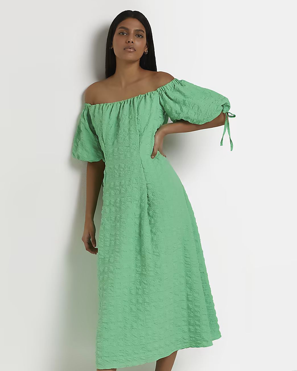 Green bardot midi dress | River Island (UK & IE)