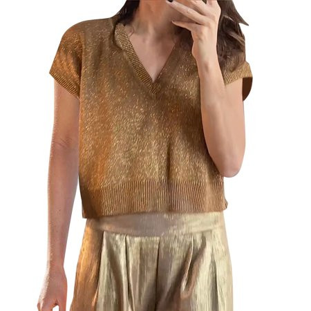 VUPSGEZ Clearance Women S Gold Silk V Neck Waisted Short Sleeved Top (Gold L) | Walmart (US)