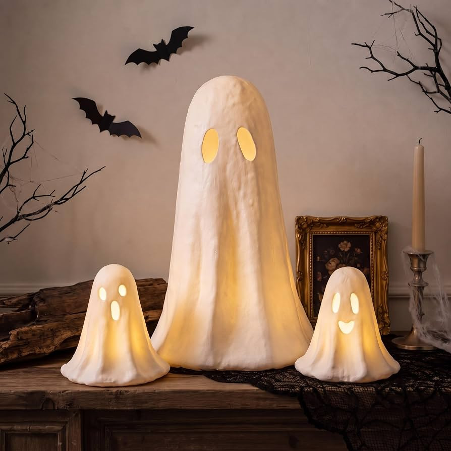 Ctosree 3 Pcs Lighted Halloween Paper Mache Ghost Table Decoration | Amazon (US)