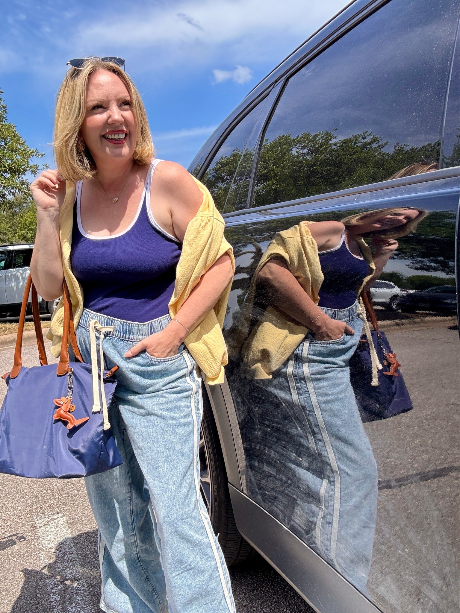 Medium in everything! Love these pull on denim pants with track stripe!! But if that’s not your thing there are solids, too :) 

#LTKSaleAlert #LTKSeasonal #LTKOver40