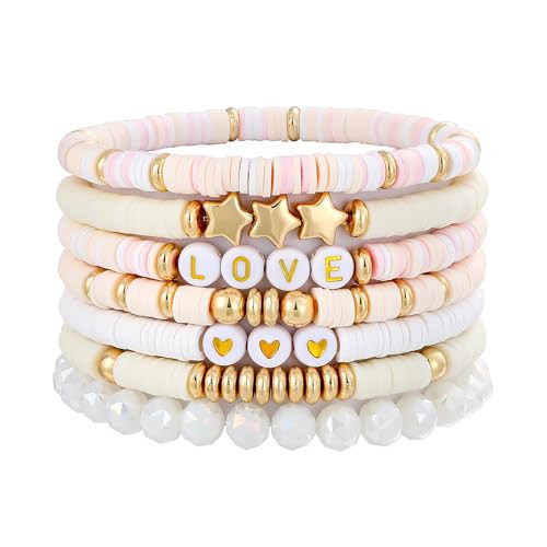 GOOJIDS Surfer Heishi Clay Pink Love Bead Bracelets for Women Stackable Gold Plated Beaded Elastic Stretch Layering Friendship Bracelets Set Jewelry | Amazon (US)