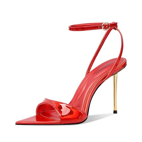 Ouwilov Women’s Stiletto Heels Sexy Red Patent Leather Open Toe High Heel Sandals with Ankle Strap and Gold Metal Heel, Dressy Pumps for Party Wedding Evening and Night Out | Amazon (US)