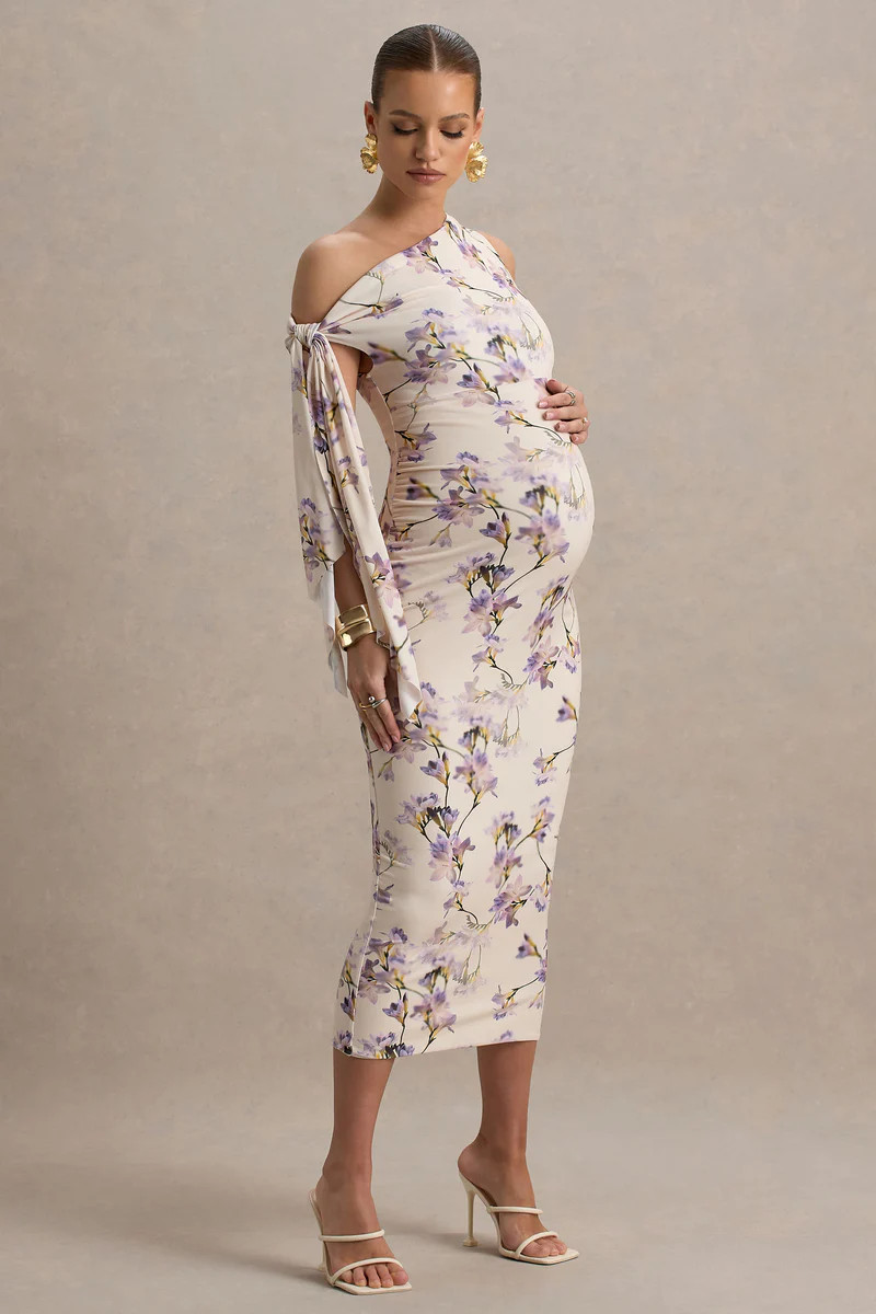 Katarine  Peach Floral Print Asymmetric Knot Maternity Midi Dress | Club L London