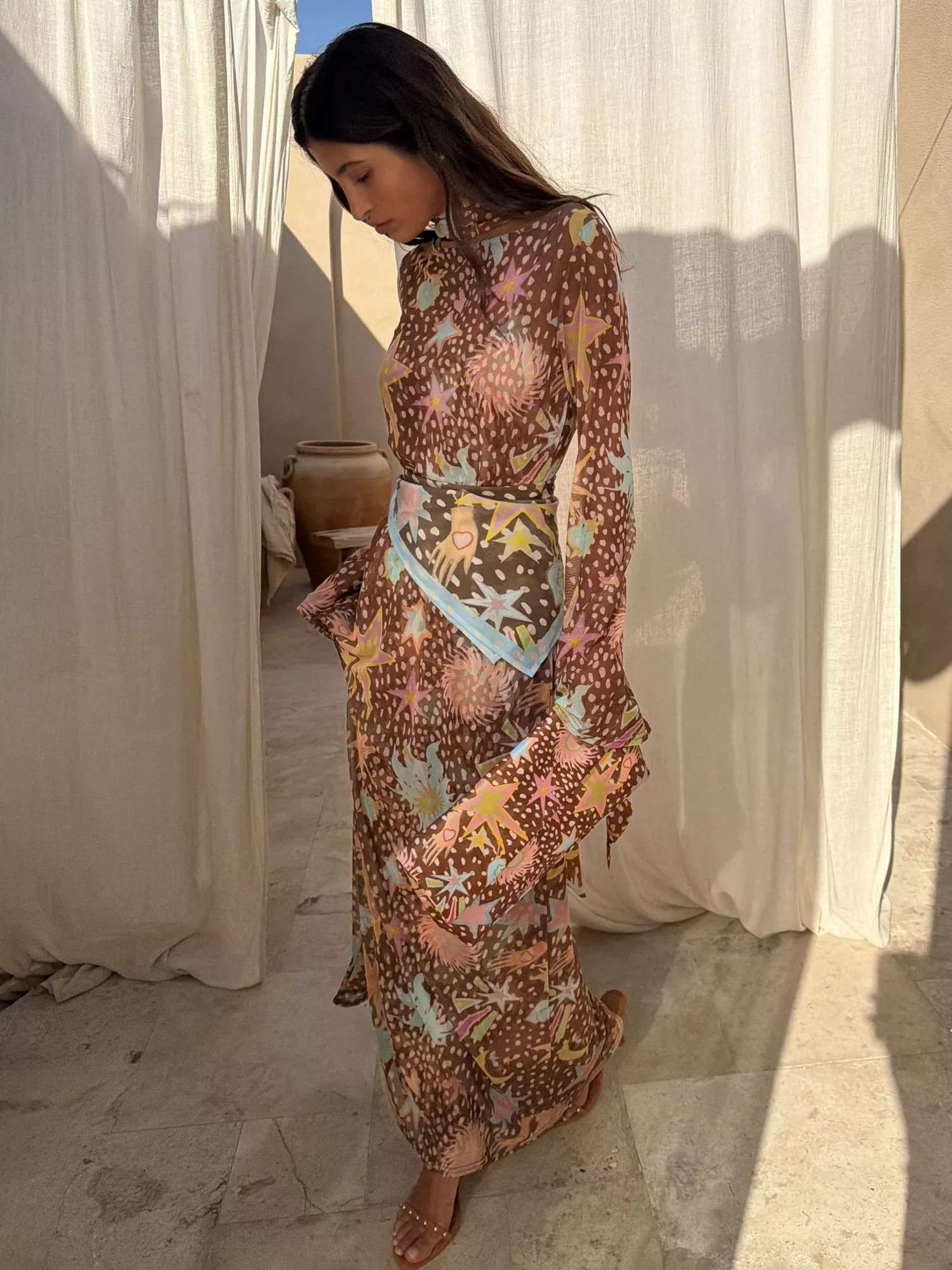 Never Fully Dressed Star Fawn Aria Dress containing LENZING™ ECOVERO™ Viscose, Brown/Multi | John Lewis (UK)