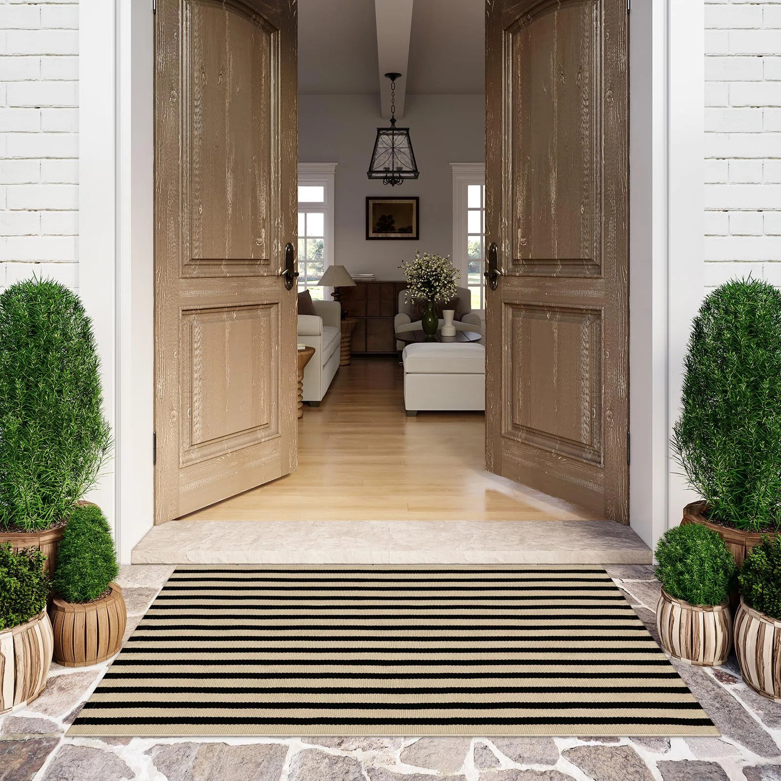 Outdoor Patio Rug Washable Black Outdoor Rug Outside Welcome Mat Striped Porch Door Mat Outside E... | Wayfair North America