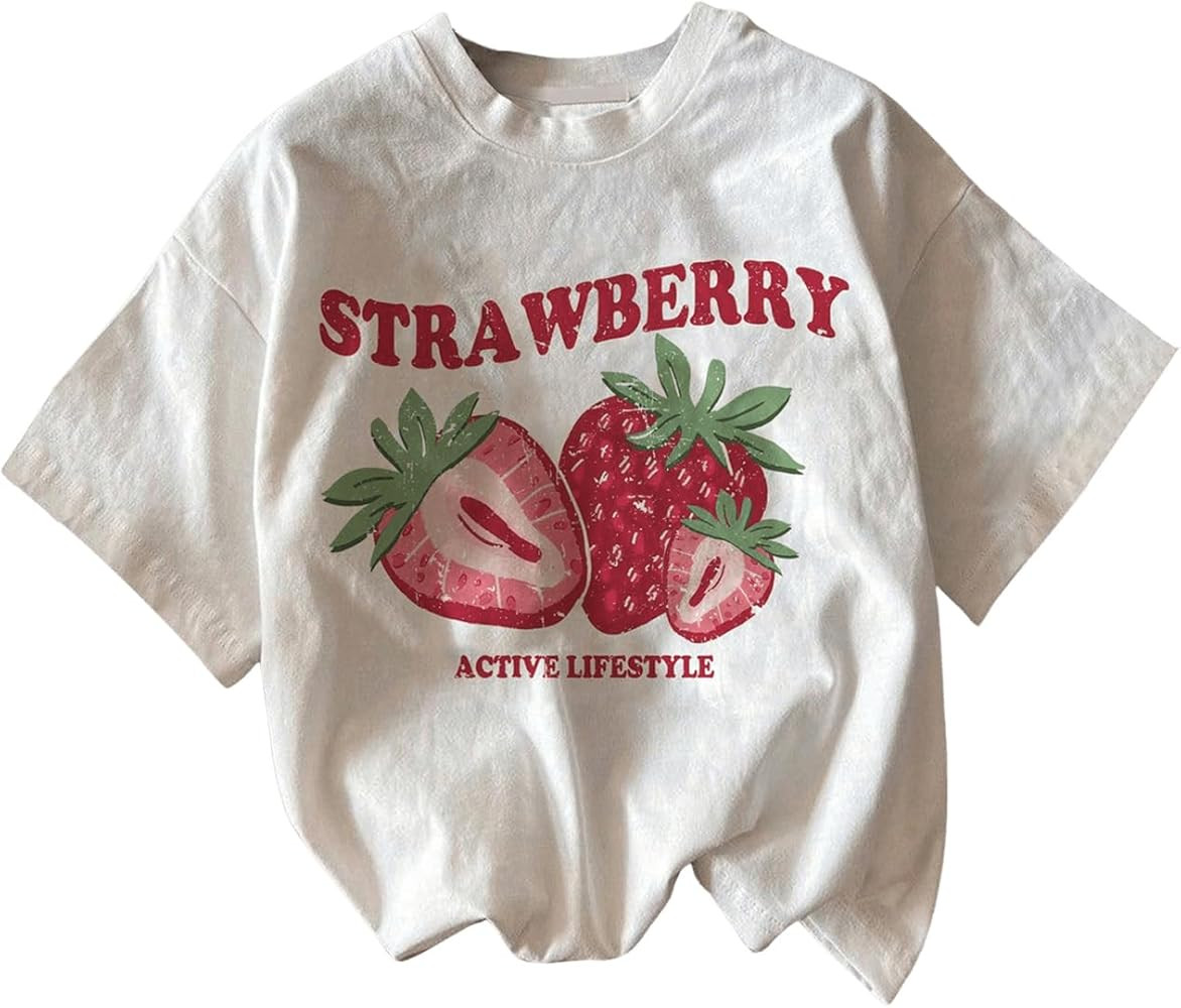 Women's Strawberry Graphic Print Tee Shirt Crew Neck Short Sleeve T Shirt Casual Summer Tops | Amazon (US)