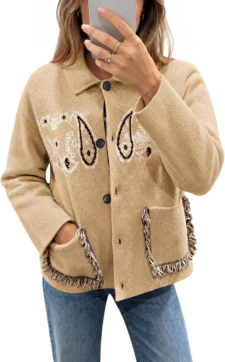 Saodimallsu Womens Boho Cardigan Fringe Paisley Fall Sweater with Pockets | Amazon (US)