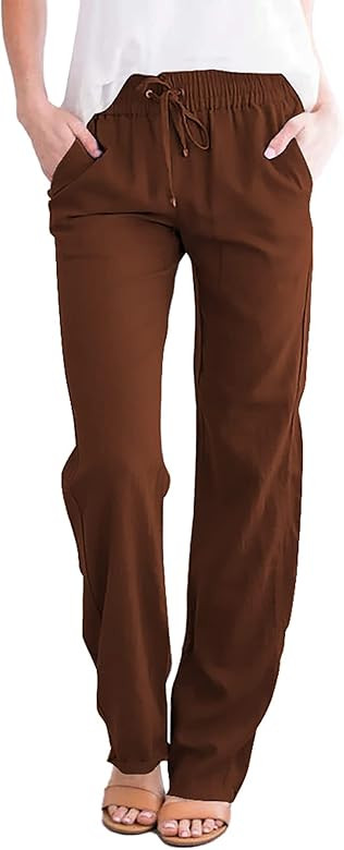 Acelitt Womens Casual Pants Straight Leg Drawstring Elastic High Waist Loose Comfy Trousers with ... | Amazon (US)