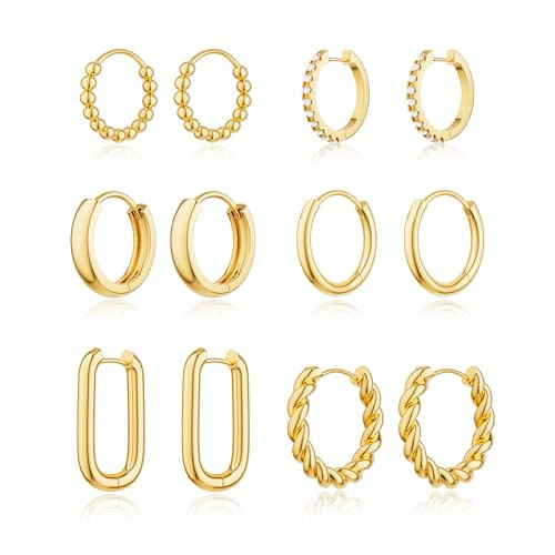Moodear Small Cute Huggie Hoop Earring Set - Dainty 14K Gold Plated Lightning CZ Hoops Hypoallergenic Earrings for Women Trendy | Amazon (US)