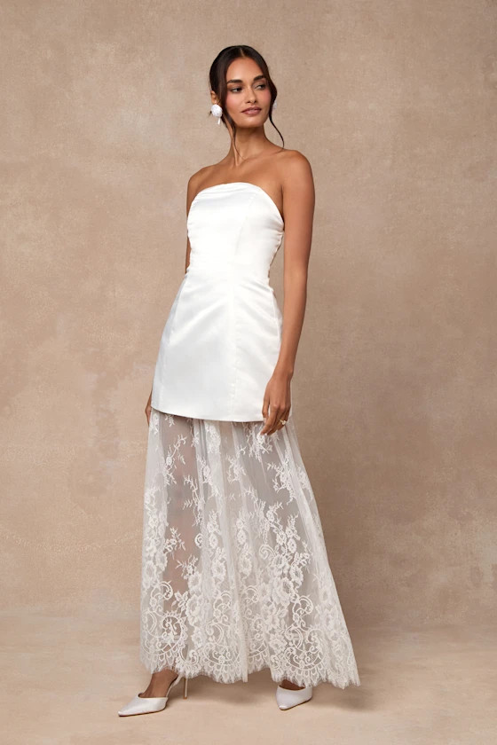 Winslet White Satin Sheer Hem Strapless Maxi Dress | Lulus