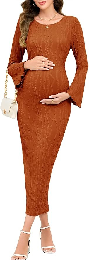 Maternity Dress Ribbed Knit Long Sleeve Round Neck Bodycon Mid Pregnancy Dresses Casual Baby Show... | Amazon (US)
