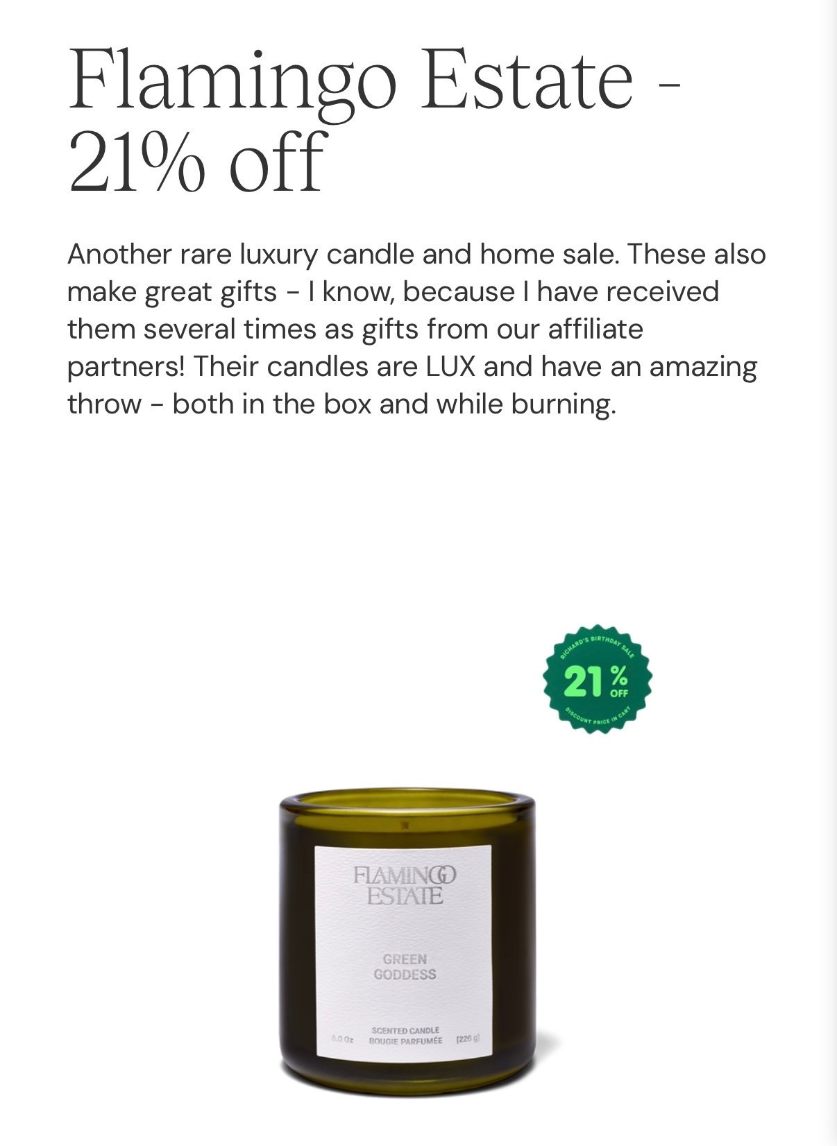 Another (rare) candle sale: Flamingo Estate is 21% off! I love the herbaceous, refreshing scent of their Green Goddess and Heirloom Tomato fragrances (the perfect summer kitchen candles), and the Sappho Fig is another scent that I was gifted and really like. These make great gifts!

#LTKSaleAlert #LTKHome