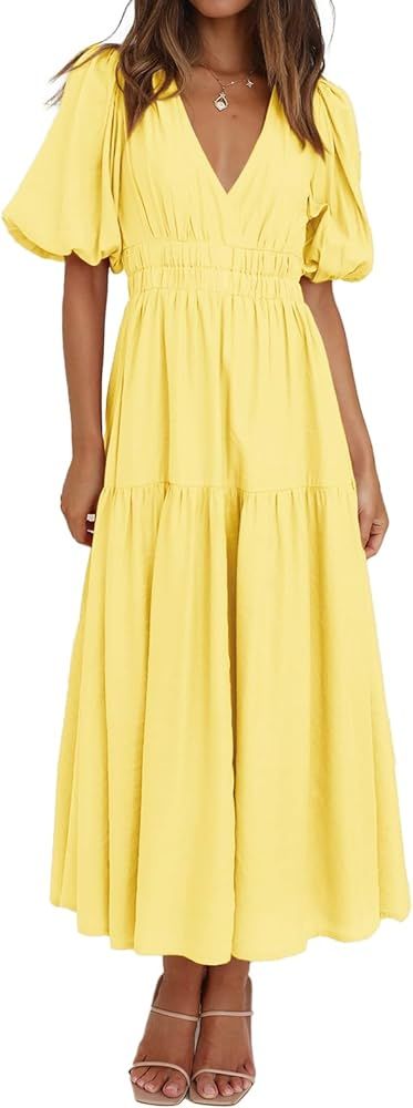 ISZPLUSH Women’s Midi Dress Sexy Deep V Neck Puffy Short Sleeve High Waist Flowy Swing Summer B... | Amazon (US)