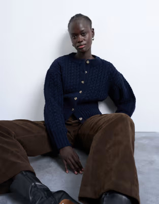 Topshop knitted cable fitted waist cardigan in navy | ASOS (Global)