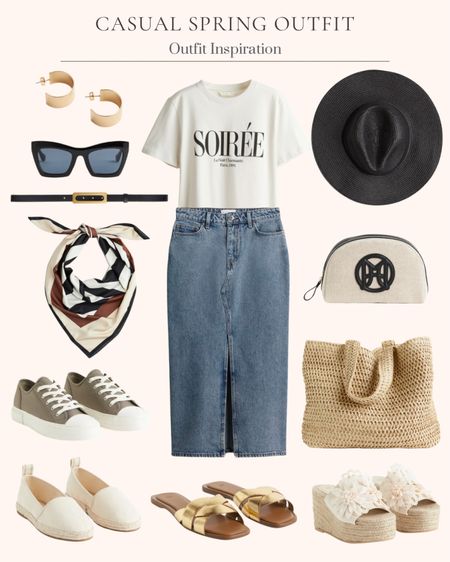 Women’s casual spring outfit. Date night outfit. Jean skirt. Cat eye sunglasses. Pouch with monogram. Straw hat. Patterned scarf. Black and gold narrow belt. Canvas sneakers. Wedge heeled espadrilles. Canvas espadrilles. Straw shopper. Cotton tshirt. Gold hoop earrings. Gold braided sandals. Denim midi skirt. 

#LTKfindsunder50 #LTKmidsize #LTKover40