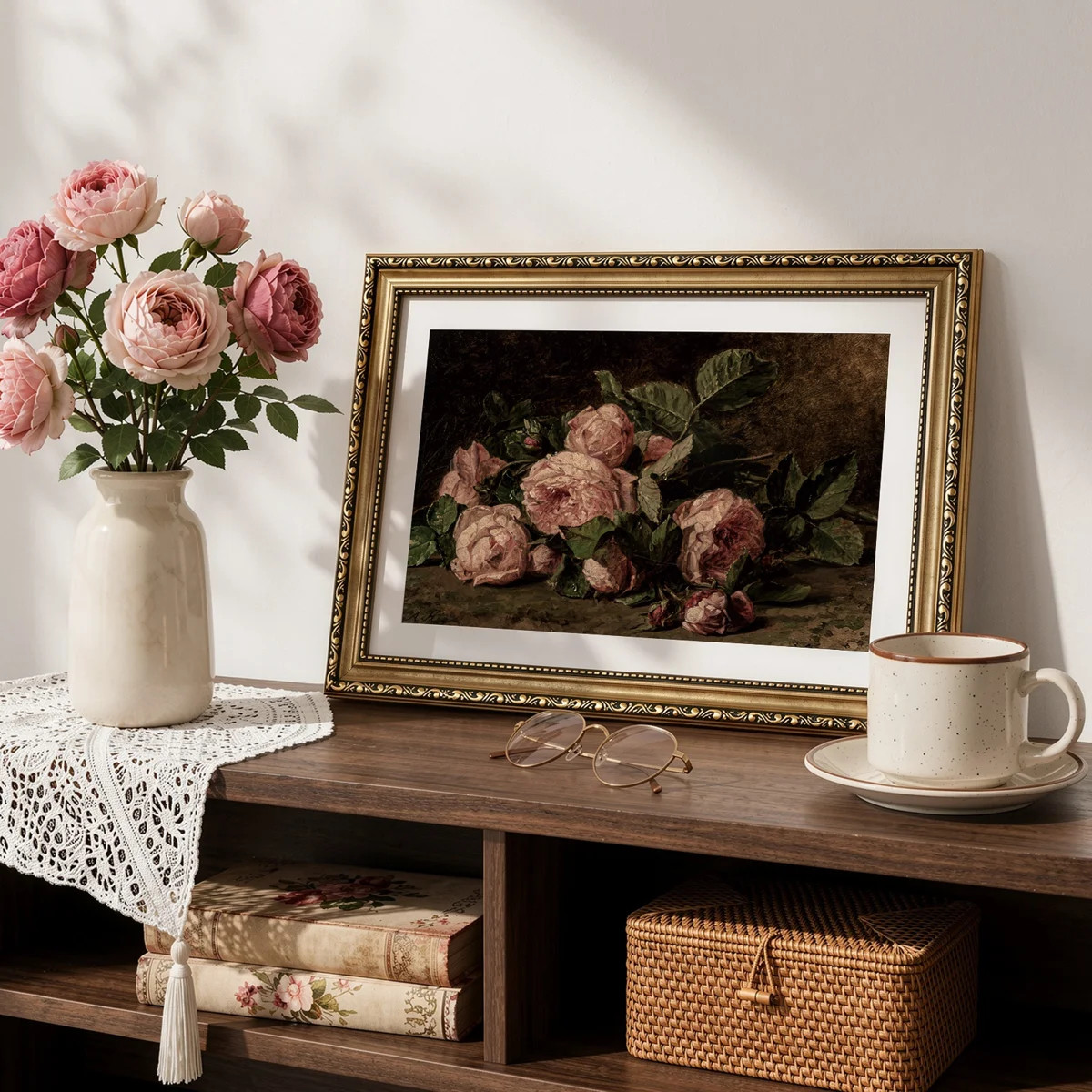 Vintage Gold Framed Pink Rose Wall Art, Antique Floral Canvas Print with Decorative Frame, Victor... | Wayfair North America