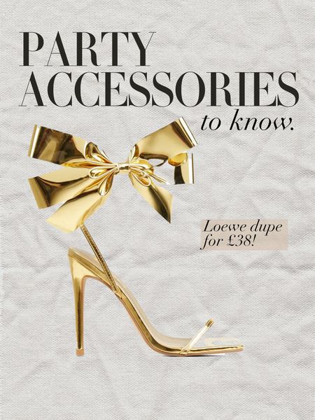 The perfect pair of party shoes. They look just like a present 🎁
EGO gold wrap shoes | Bow shoes | Loewe bow shoes dupe | Gold heels | Party shoes | Christmas outfit ideas 

#LTKparties #LTKHoliday #LTKshoecrush