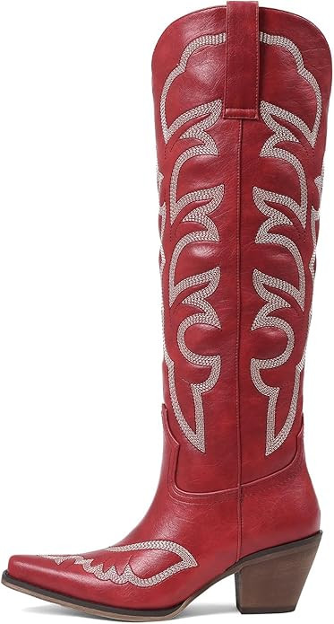 Amazon.com | Phefarer Cowboy Boots for Women Knee High Red Western Cowgirl Boots Wide Calf Pointe... | Amazon (US)