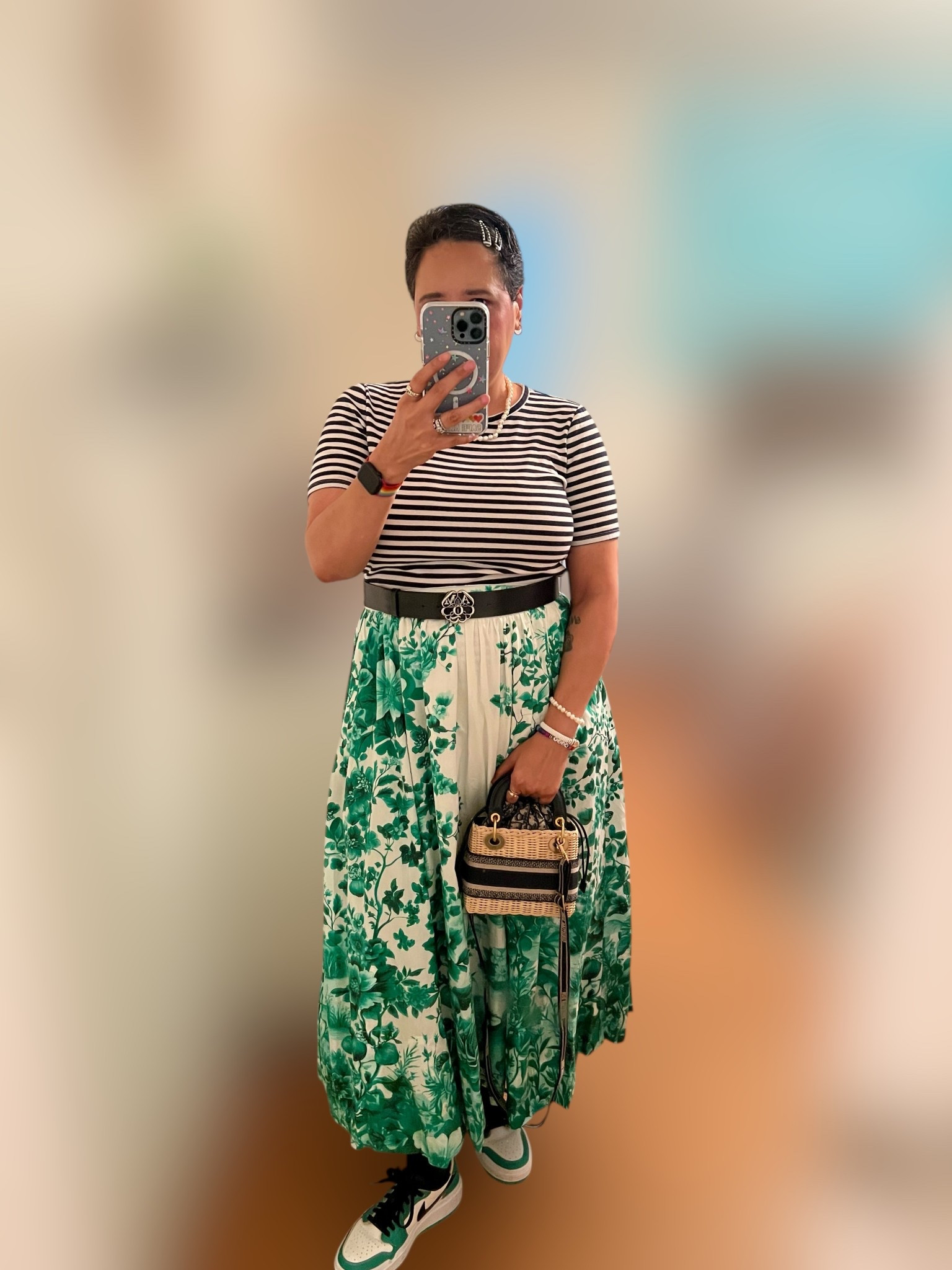 OOTD from last week
Skirt: Anthropologie x Maeve
Tee: JCrew
Sneakers: Nike X Jordan 
Bag: Dior
Necklace: Chanel
Belt: McQueen
Watch: Apple 
Earrings& bracelets:Kendra Scott, Lagos and Astrid & Miyu (and a homemade Ally rainbow bracelet) 
