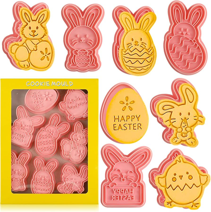 Easter Cookie Cutters Set, 8 Pcs Cookie Cutter with Plunger Stamps, 3D Cookie Stamps for Easter B... | Amazon (US)