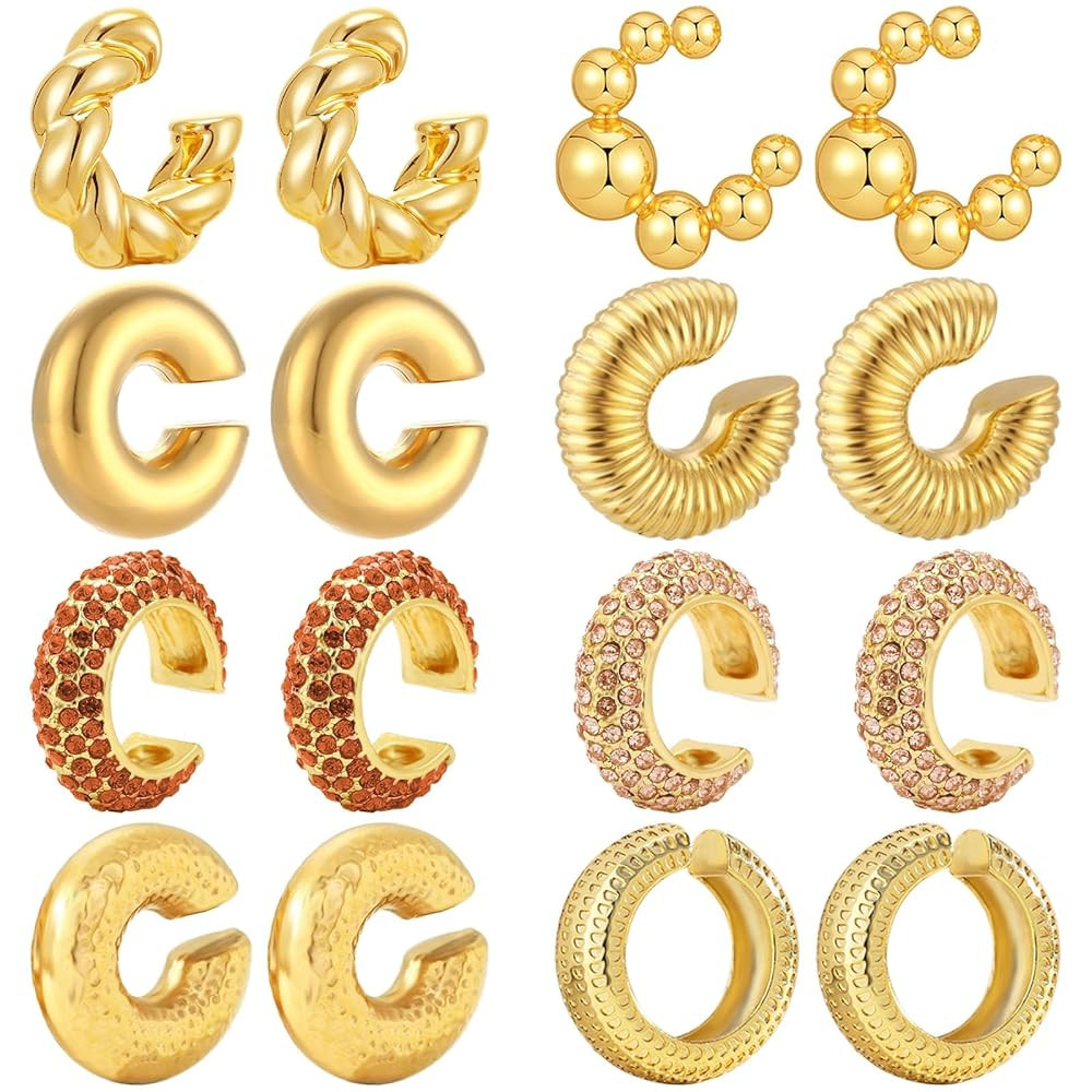 NEWITIN 8 Pairs Chunky Gold Ear Cuff Earrings for Women Trendy Thick Ear Cuffs Non Piercing Clip ... | Amazon (US)