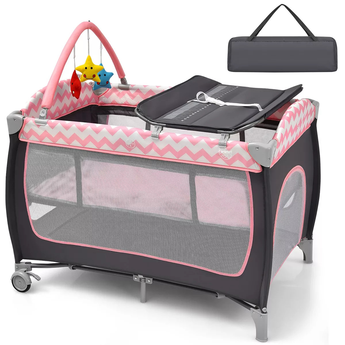 Babyjoy 3 in 1 Baby Playard Portable Infant Nursery Center w/ Zippered Door Pink/Grey/Pink & Whit... | Target