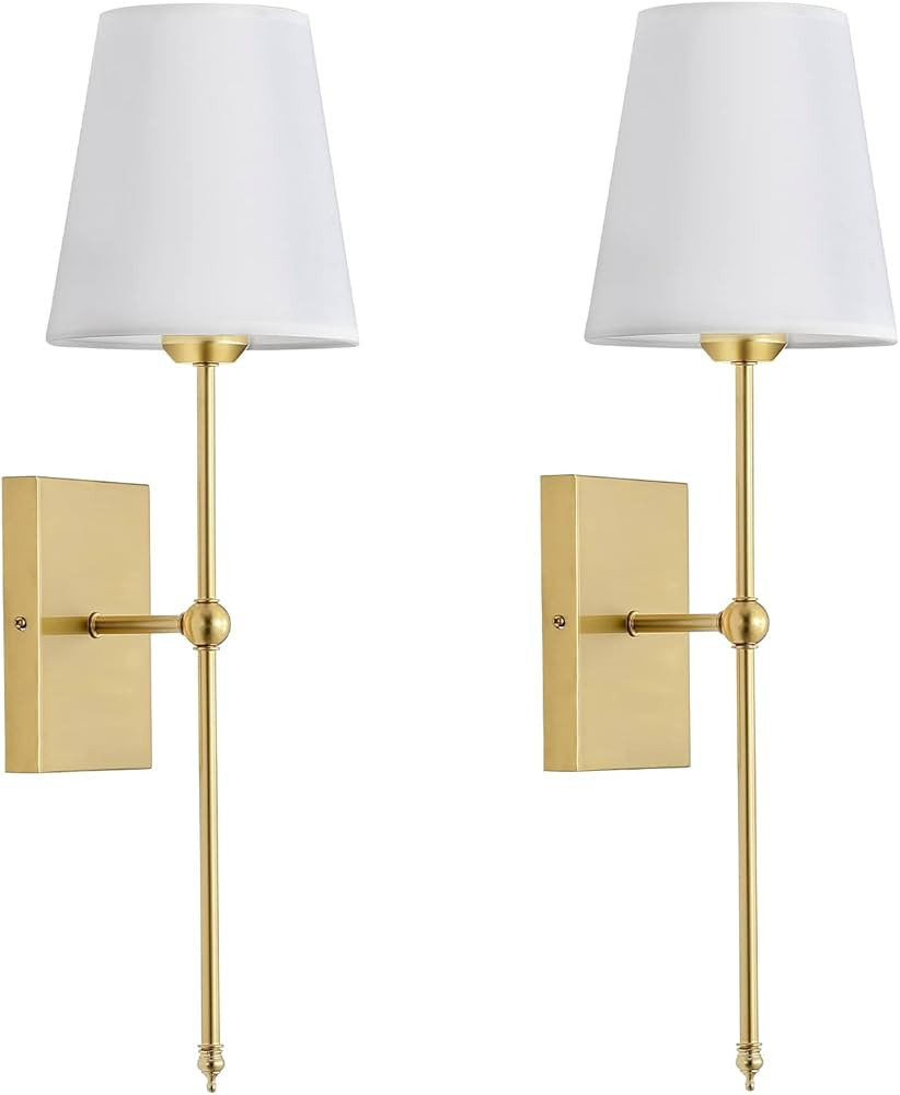 Set of 2 Slim Wall Sconces with White Fabric Shade, Gold Bronze Base Indoor Wall Light Fixtures f... | Amazon (US)