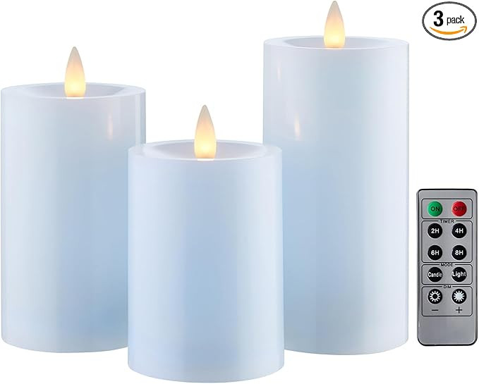 Flameless Pillar Candles Flickering with Remote Timer, Battery Operated LED Candles Up to 400 Hours, 3D Moving Flame Real Wax Candles. (Blue) | Amazon (US)