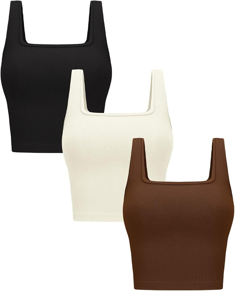 OLCHEE Womens 3 Pack Crop Tank Tops Sleeveless Square Neck Workout Top | Amazon (US)