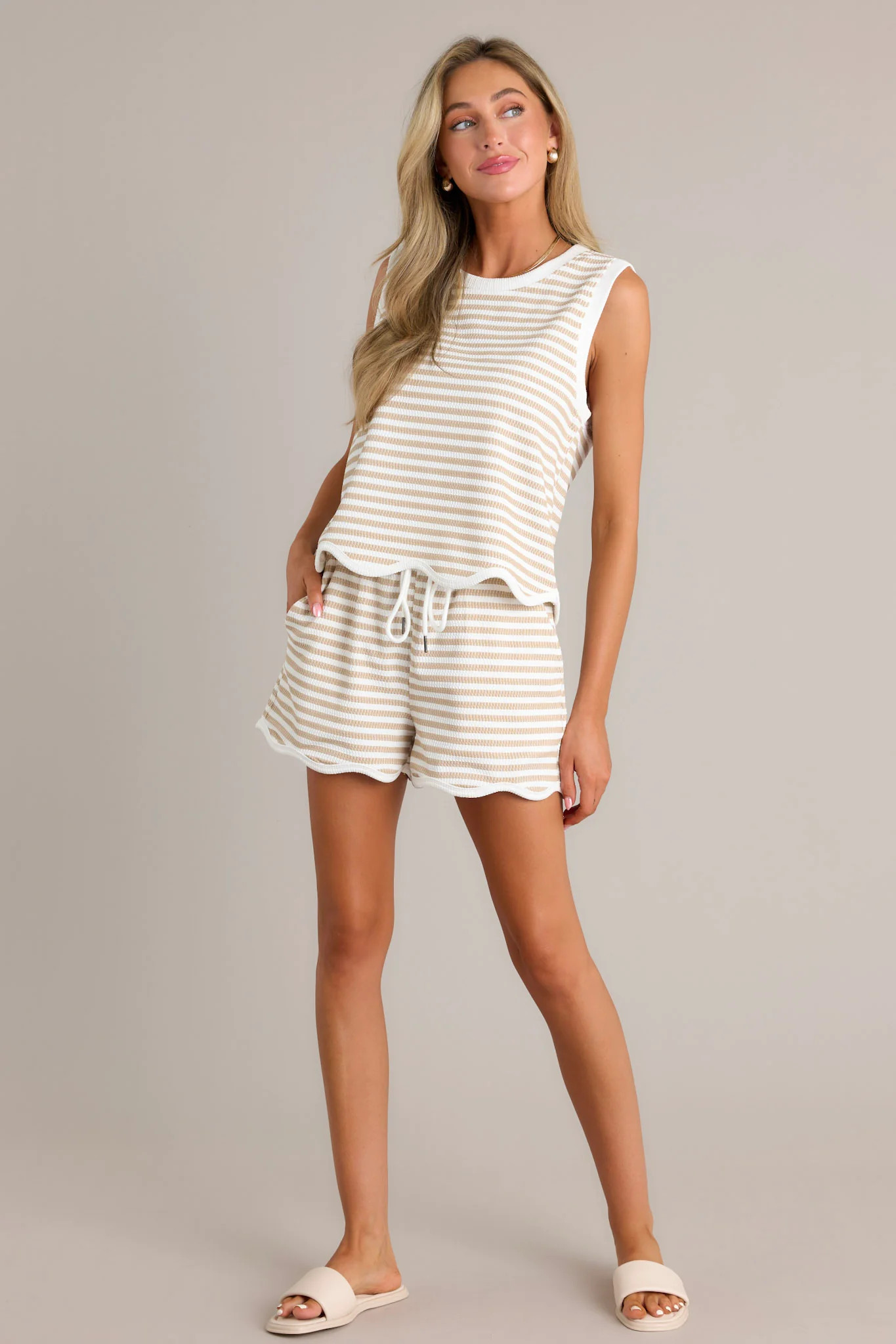 Feel Good Find Taupe Stripe Scallop Shorts | Red Dress