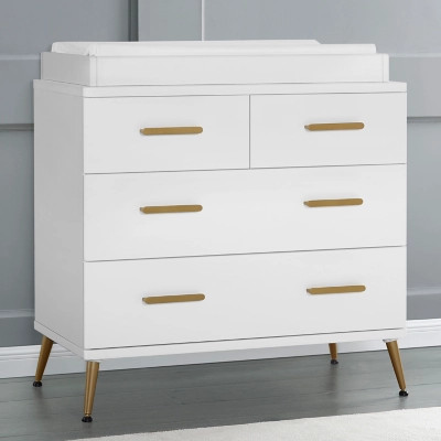 Delta Children Sloane 4 Drawer Dresser With Changing Top, Bianca White/Bronze | Ashley Homestore