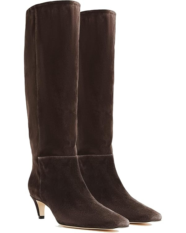 MOOMMO Women Kitten Heel Over Knee High Boots Square Toe Matte Leather Pull On Wide Calf Pleated ... | Amazon (US)