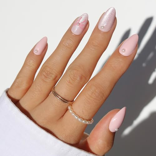 Glamnetic Press On Nails - Love Knot Spring Nails | Short Almond Fake Nails with 3D Pearls, Ribbon Bow Designs in a mix of Velvet & Glossy Finishes | 15 Sizes - 30 Nail Kit with Glue | Amazon (US)