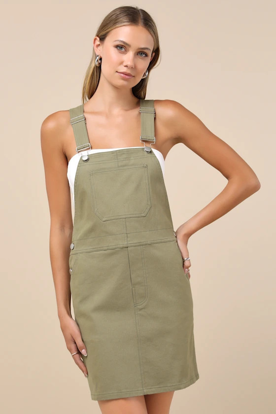 Cutest Spirit Olive Green Twill Overall Mini Dress With Pockets | Lulus