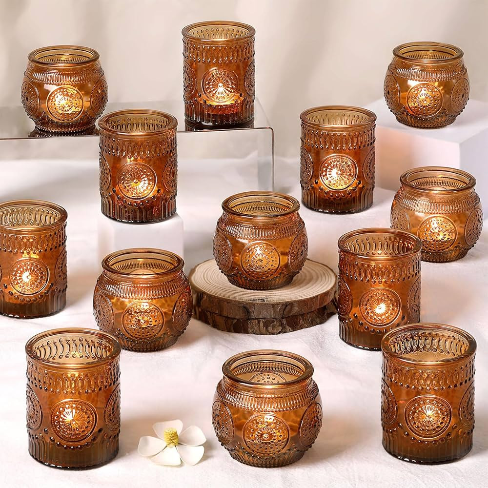 24Pcs Amber Votive Candle Holders - Vintage Glass Candle Holder, Candle Holders Bulk for Wedding ... | Amazon (US)