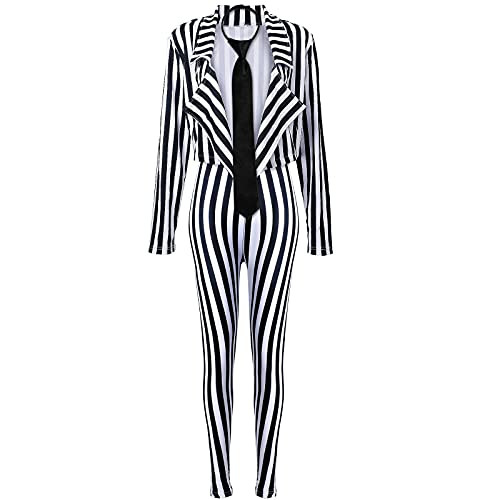 SATINIOR Halloween Women's Black White Vertical Striped Suit Blazer Length Pants with Tie Jacket ... | Amazon (US)