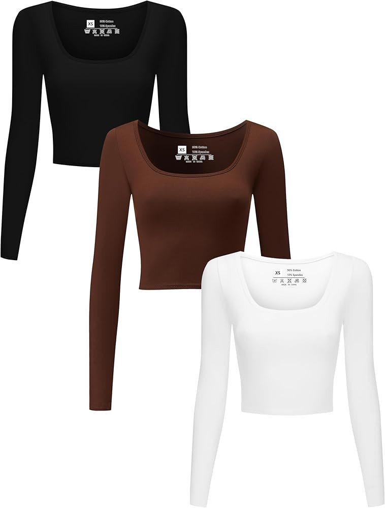 3 Piece Women's Lightweight Long Sleeve Crop Tops Square Neck Cropped Top Set for Women Workout G... | Amazon (US)