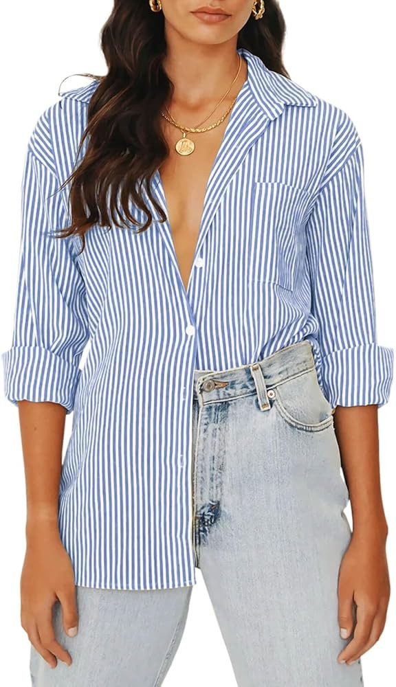 Women's Blouses Striped Long Sleeve Shirts Button Down Loose Fit Casual Tops | Amazon (US)