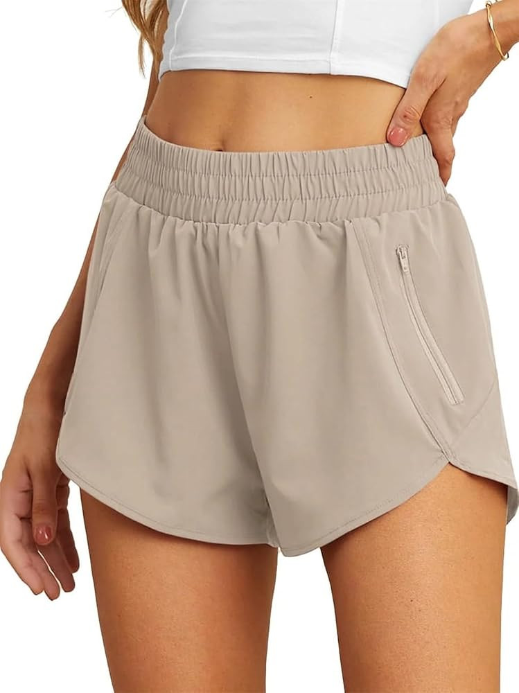 PrinStory Women's Running Shorts Summer High Waisted Quick Dry Athletic Work Out Gym Zipper Pocke... | Amazon (US)