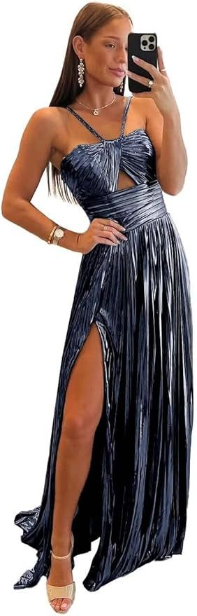 Women’ s Spaghetti Strap Prom Dress Sparkly Satin Long Formal Evening Party Gown with Slit | Amazon (US)