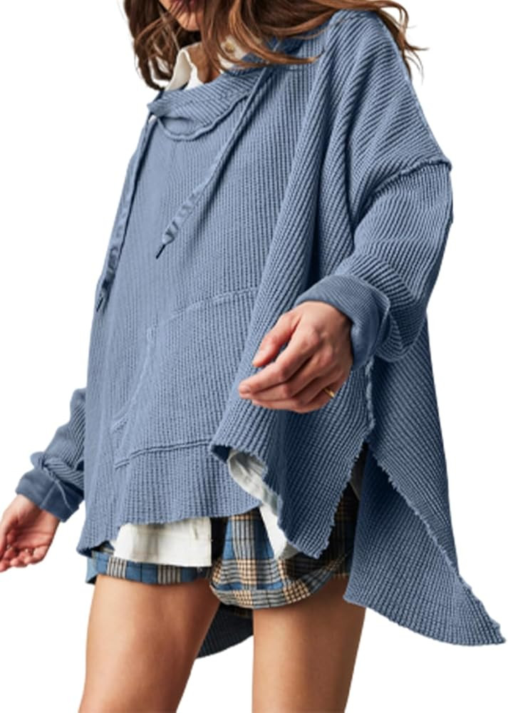 Womens Waffle Knit Hoodies Oversized Sweatshirt Long Sleeve Pullover Sweater | Amazon (US)