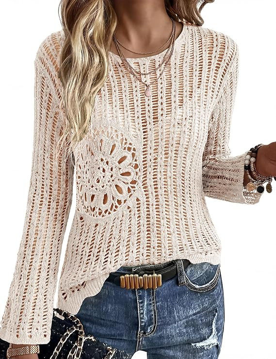 Ekouaer Womens Crochet Cover up Top Hollow Out Floral Beach Cover ups 2026 Summer Sweater Vacatio... | Amazon (US)