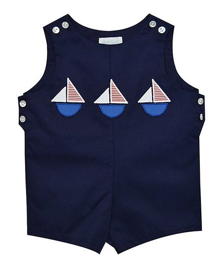 Navy Sailing Along Sailboat Appliqué Shortalls - Infant & Toddler | Zulily