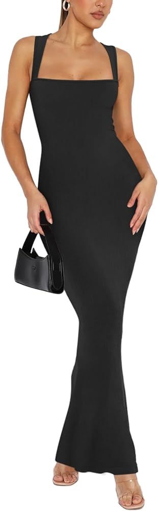 REORIA Women's 2024 Trendy Sexy Square Neck Lounge Long Dress Elegant Sleeveless Ribbed Bodycon M... | Amazon (US)