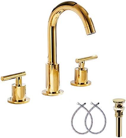 GGStudy 2-Handle Bathroom Faucet 3 Holes 360 Swivel Spout Gold Widespread Bathroom Sink Faucet with  | Amazon (US)