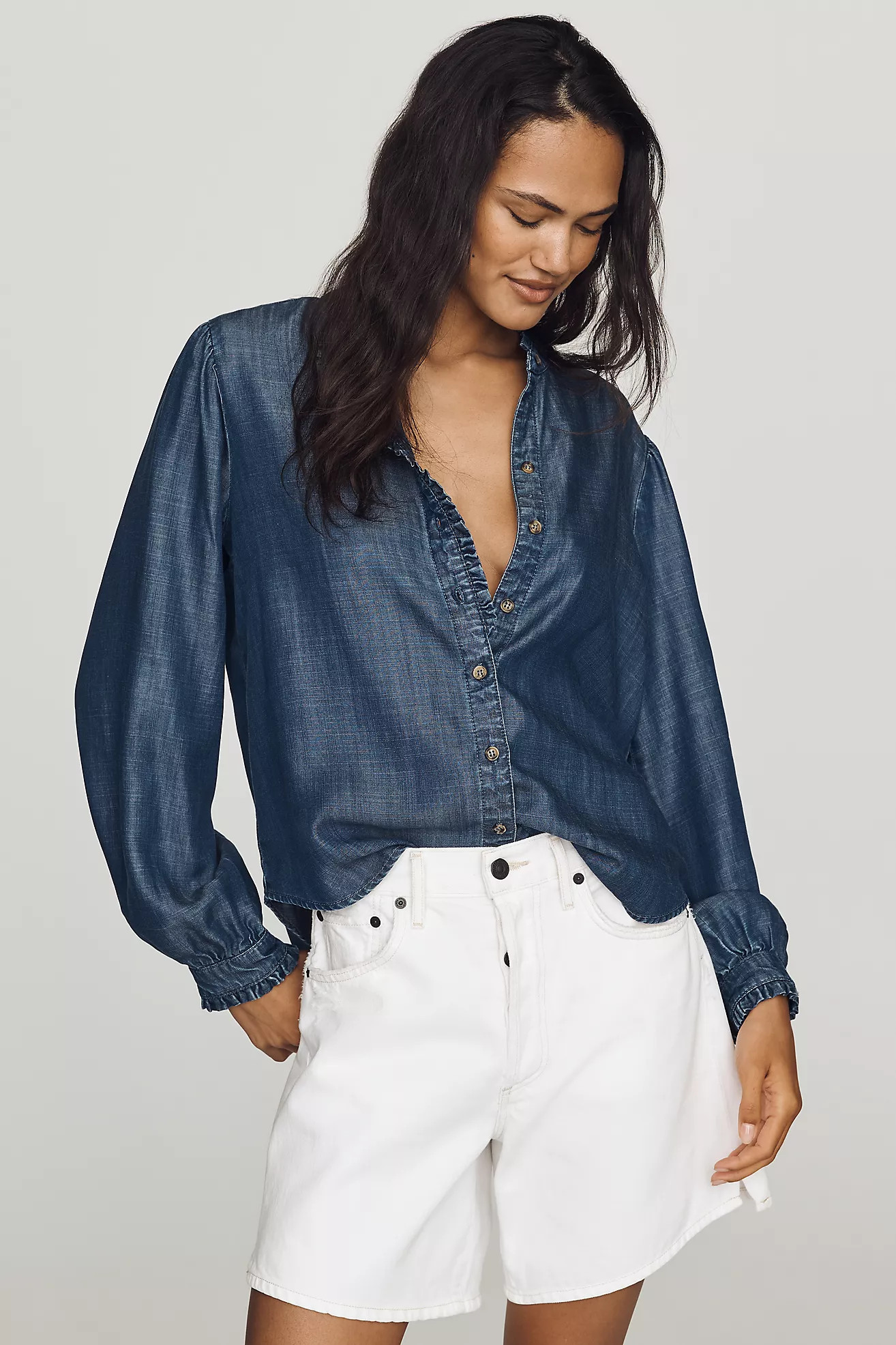 Cloth & Stone Ruffle-Collar Denim Buttondown Shirt | Anthropologie (US)
